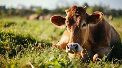 Serenity Unveiled, A Majestic Brown Cow Surrenders to Natures Embrace in the Verdant Pastures