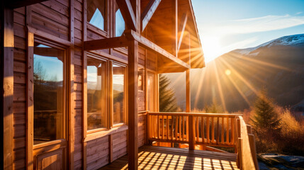 Wooden mountain house built from wood logs on sunny day.
