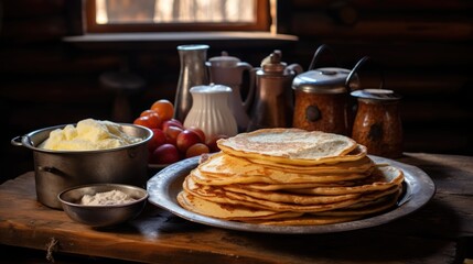 Pancakes on a wooden table on the background in a Russian hut - obrazy, fototapety, plakaty