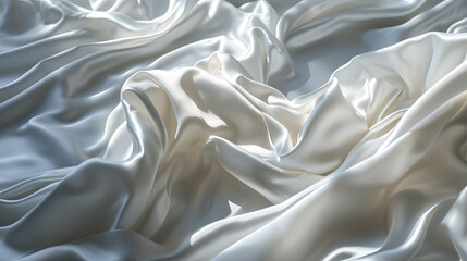 White ripple silky satin fabric texture display as background. copy space, mock up, presentation. top view.  - obrazy, fototapety, plakaty