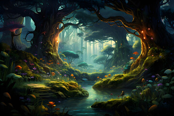 Obraz premium Mysterious, gloomy, mossy dark forest