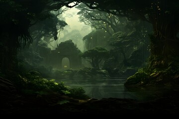 Mossy ancient ruins left deep in the forest for a long time