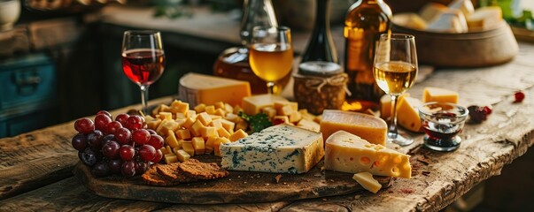 Savoring the Gastronomic Symphony, A Wooden Table Awash in a Bounty of Artisanal Cheese and Aromatic Wines