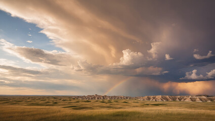 Clouds over grassland in Badlands National Park, South Dakota, USA. Rainbow over the fields with a dramatic cloudy sky. Copy Space, Background, Desktop Wallpaper, Banner. - obrazy, fototapety, plakaty