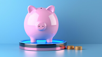 Achieving Financial Triumph: Translucent Piggy Bank on Pink and Blue Cylinder Podium Symbolizing Success, Wealth, and Savings Goals in Business Finance and Investment Growth