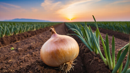 A single ripe onion bulb lies on the fertile earth against a vivid blue sky, showcasing the natural environment of crop cultivation. - obrazy, fototapety, plakaty