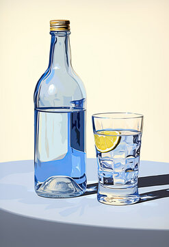 Still Life Painting of Bottle and Glass on Table