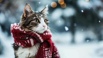 Winter Whiskers, An Elegant Feline Adorns a Snowy Landscape With a Stylish Scarf