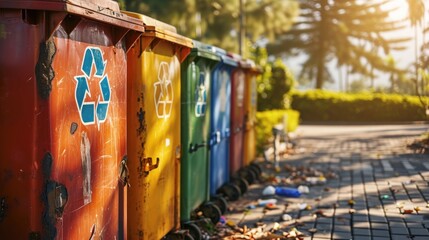 A Symphony of Chromatic Bins, A Vibrant Array of Trash Cans Adorning the Sidewalk
