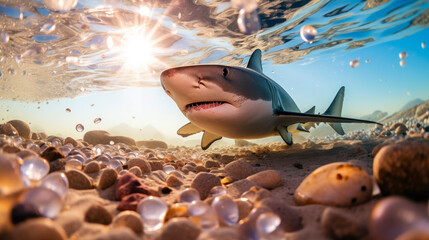 A shark swimming in shallow water.