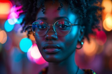 Stylish Woman with Glasses in Neon Glow.
A fashionable woman with stylish glasses and natural hair in the neon glow of city lights.