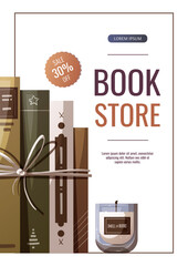 Flyer design with heap of books and candle. Bookstore, bookshop, book lover, reading, interior, library concept. Vector illustration for advertising, banner, promo.