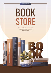 Flyer with books, potted plant and wooden word "book". Bookstore, bookshop, book lover, reading, interior concept. Vector illustration for advertising, banner, promo.