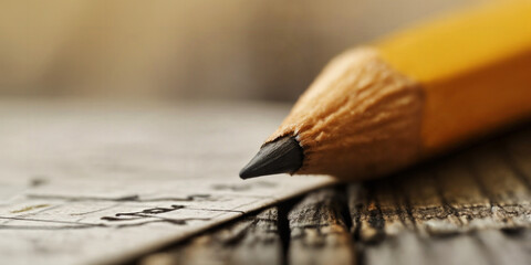 An extreme close up of a sharpened pencil on a piece of paper. Macro photography.
