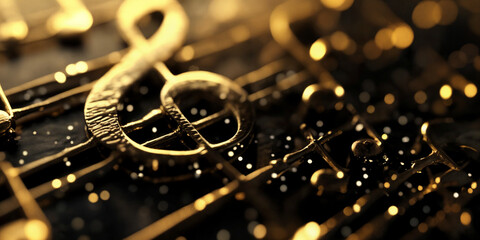 Musical notes and a treble clef. Reflective gold material. - obrazy, fototapety, plakaty