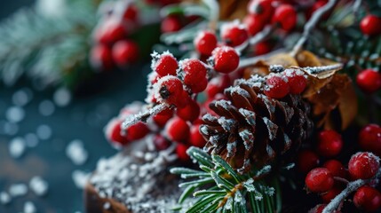 Crimson Jewels, Enchanting Winter Wonderland Drapes Red Berries and Pine Cones in Glistening Snow