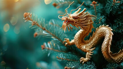 Fototapeta na wymiar Guardian of the Evergreen, Majestic Golden Dragon Perched Atop the Mighty Pine Tree