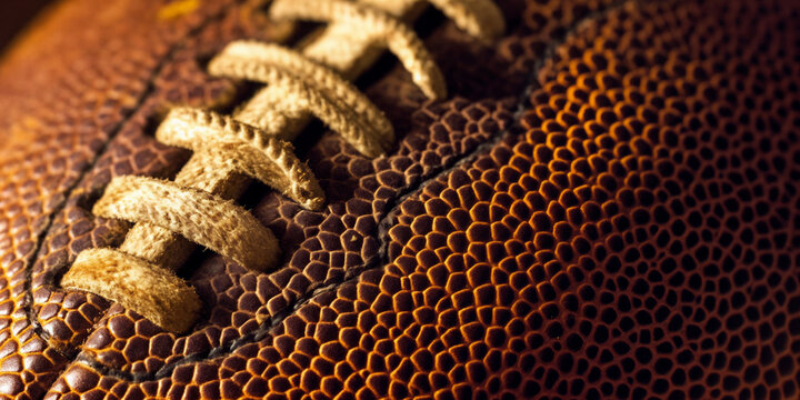An extreme close up of a football. Football laces. Sports concept.