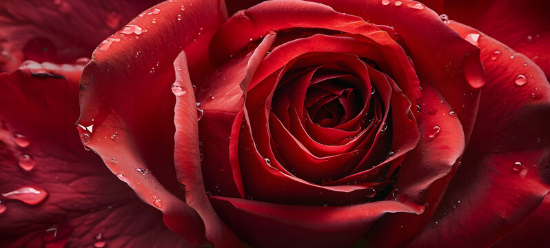 Close up macro shot of a red rose flower petals with raindrops for background or wallpaper.