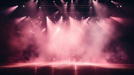 Empty stage. Pink spotlights through smoke and sparkles. Stage for performance