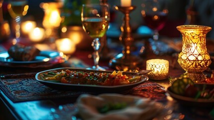 Fototapeta na wymiar A Gastronomic Symphony, A Table Awash With Delicacies and Illuminated by Flickering Candlelight