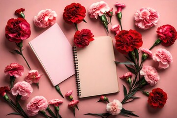 A mix of red and pink carnations adorning a notebook mockup against a blush pink background, exuding love and admiration.