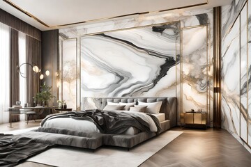A luxurious bedroom with walls adorned in exquisite marble ink abstract art, creating a serene ambiance.