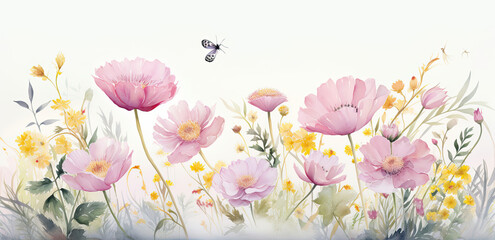 Painting of Pink Flowers and Bee