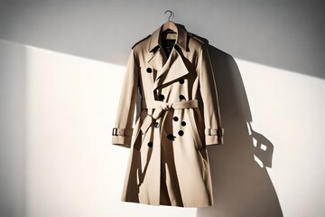 A classic trench coat with a belt, hanging on a hook, casting a shadow on a pristine white wall.