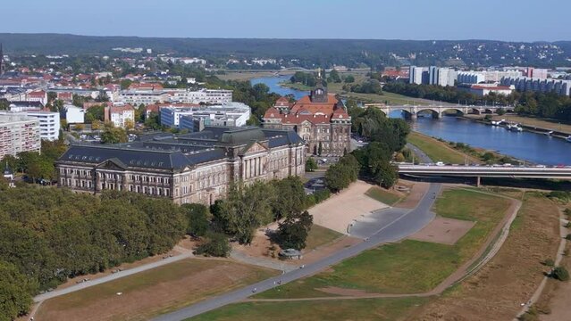 Saxon State Ministry of Culture Dresden day. Magic aerial top view flight drone