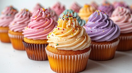 A row of cupcakes with vibrant frosting and sprinkles