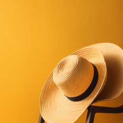 Fototapeta na wymiar Empty deck cheir and straw hat on yellow background. Summer style design
