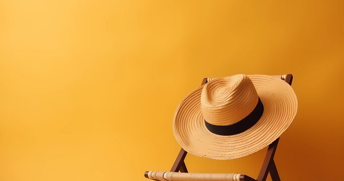 Empty deck cheir and straw hat on yellow background. Summer style design