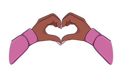 hands of american or african woman in shape heart. Vector Illustration for backgrounds, covers and packaging. Image can be used for greeting cards, posters and stickers. Isolated on white background.