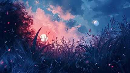 anime style background sunset over grass - obrazy, fototapety, plakaty