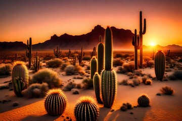 A cactus-filled desert landscape, with the spiky plants standing tall against a vibrant sunset,...