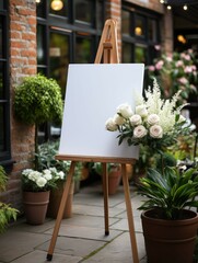 Mockup of a white canvas on an easel as a welcome sign at a wedding.