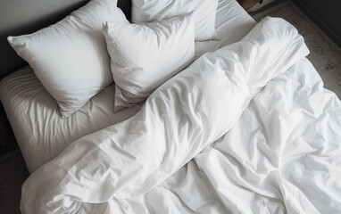 White bedding and pillows,created with Generative AI tecnology.