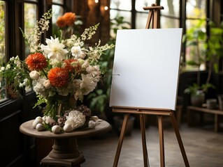 Mockup of a white canvas on an easel as a welcome sign at a wedding.