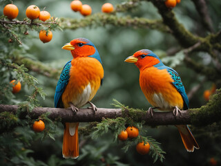 birds are sitting together on a tree branch and talking. ai generated
