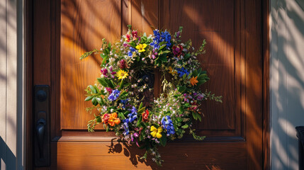 Fototapeta na wymiar A beautiful, Spring, Easter Wreath decorated with colourful flowers, greenery and foliage, hanging on a beautiful, wooden, front Entrance door of a luxury house. Sunny day, shadow play, tree shadows. 
