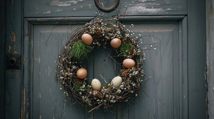 A beautiful, handmade, Easter Holiday wreath decorated with eggs and organic materials, hanging on a rustic, wooden front door of a rural home in the countryside. 