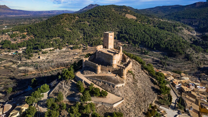  ancient Town Biar in Spain, Sierra de Mariola in the Vinalopo Valley in the province of Alicante . aerial drone view