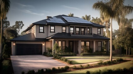 A traditional style single family residence home in Tampa Bay with new black solar panels on the roof, photorealism, palm trees, canon r5, 47 megapixels - obrazy, fototapety, plakaty