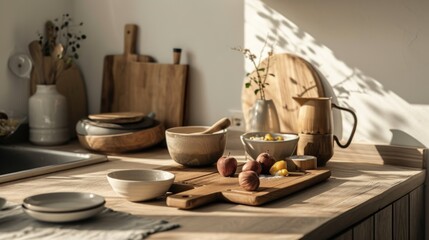 Fototapeta na wymiar Harmony in Chaos, An Artistic Blend of Cutting Boards, Bowls, and Culinary Inspirations on a Kitchen Counter