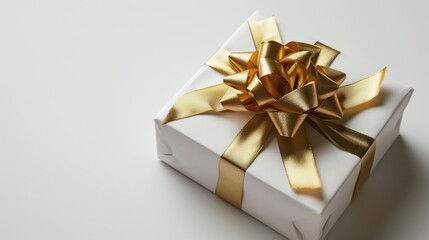 Ethereal Elegance, A Gleaming White Box Adorned With a Lustrous Golden Bow, a Gift of Pure Delight