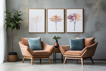 Minimalist living room interior with two mauve armchairs and botanical art