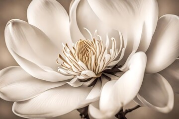 A close-up of a pure white magnolia blossom, its velvety petals unfurling elegantly against a muted...