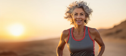 Middle-aged woman joyfully jogs on a beautiful sunset background. Copy space - obrazy, fototapety, plakaty