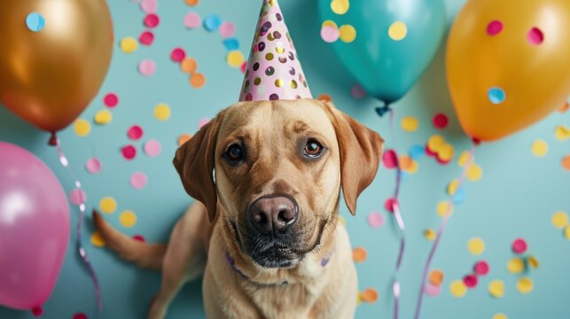 Celebrating Canine Festivities, A Jubilant Brown Dog Adorns a Party Hat Amidst a Whirlwind of Bouncing Balloons